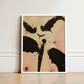 Framed Artwork Stylized Figure Black Wings Bats Soft Surreal Metamorphosis Art, Print, Butterfly Effect