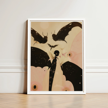 Framed Artwork Stylized Figure Black Wings Surrounded Bats Surreal Metamorphosis Art, Print, Butterfly Effect