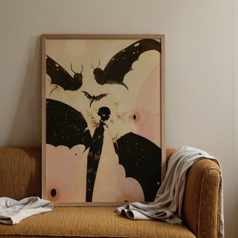 Butterfly Effect - Surreal Metamorphosis Art Print / Canvas Framed Artwork Stylized Figure Black Wings Bats Soft Surreal Metamorphosis Art,