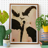 Butterfly Effect - Surreal Metamorphosis Art Print, Framed Artwork Black Bat-like Silhouettes Pale Background