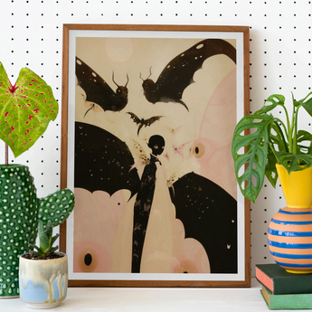 Butterfly Effect - Surreal Metamorphosis Art Print, Framed Artwork Black Bat-like Silhouettes Pale Background