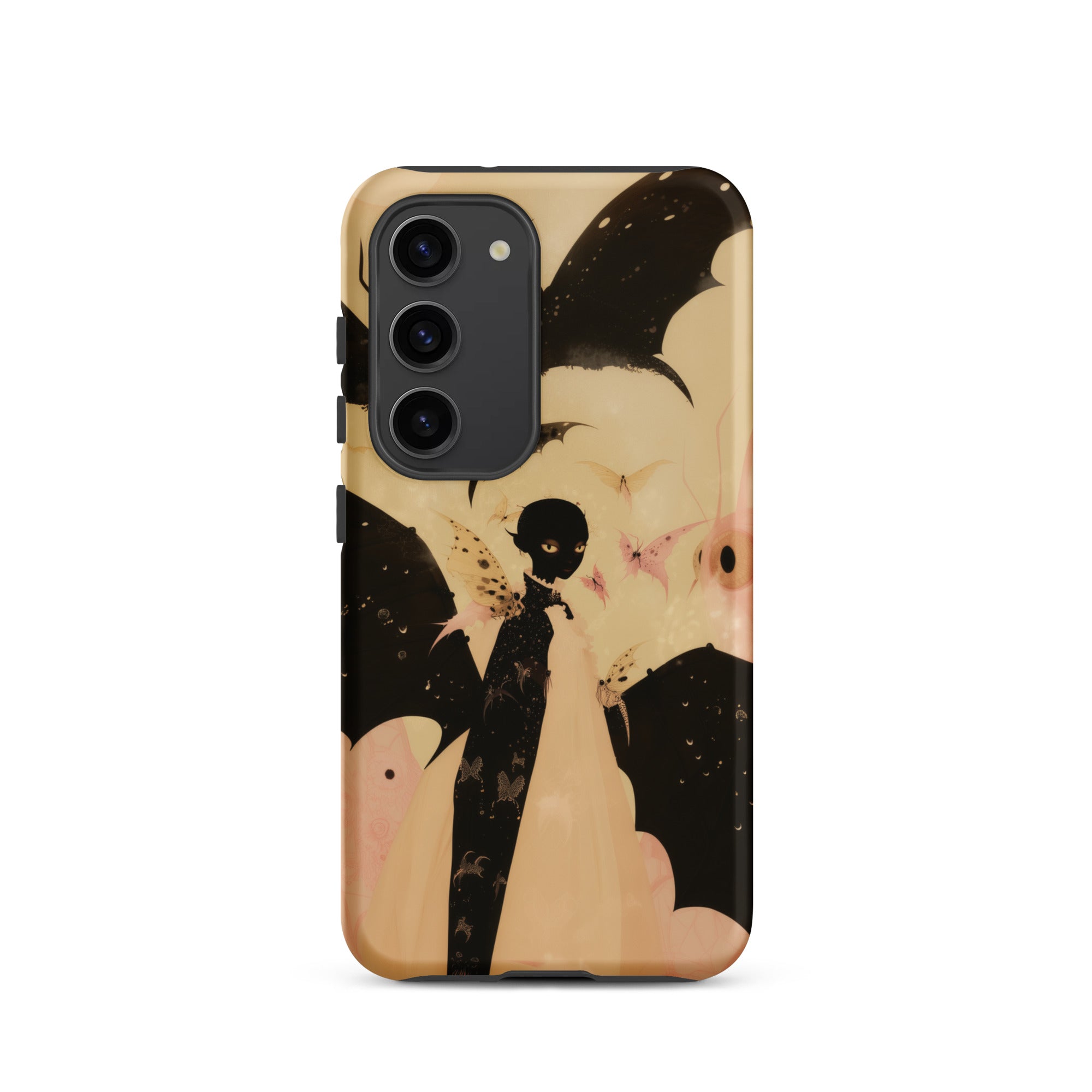 Butterfly Effect Surreal Metamorphosis Art Samsung Case, Galaxy S23 / Matte, Phone Case Stylized Illustration Dark Winged Figure Surrounded