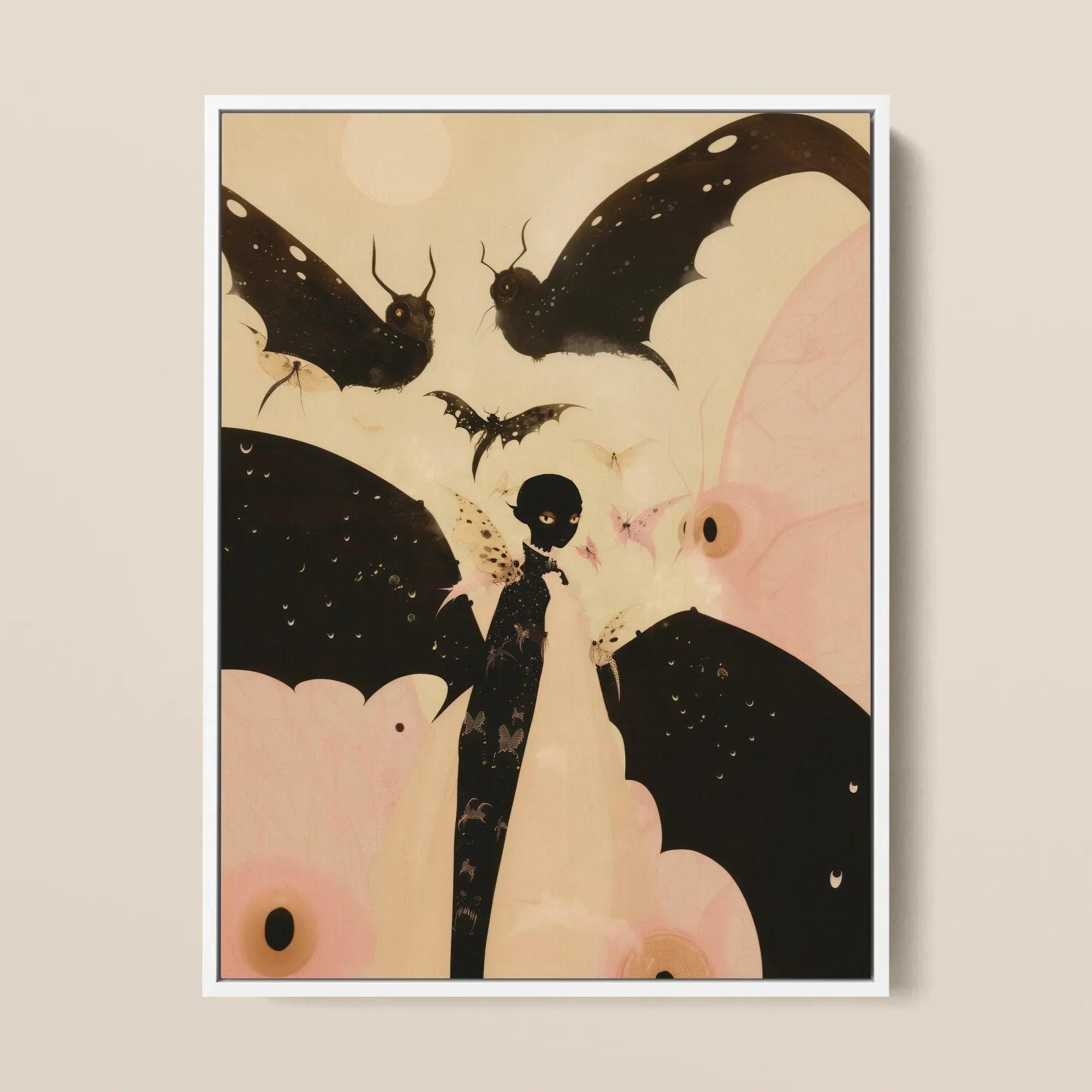 Butterfly Effect - Surreal Metamorphosis Framed Canvas, 12x16’’ / 31x41cm / White Floating Frame, Framed Surrealist Painting Stylized Bats