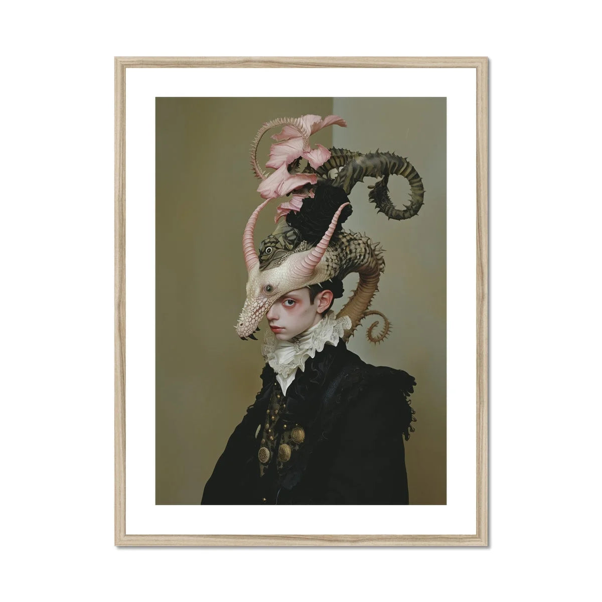 Cadmus - Gay Dragon Prince Art Print, Surreal Portrait Ornate Hat Horns Pink Flowers Atop