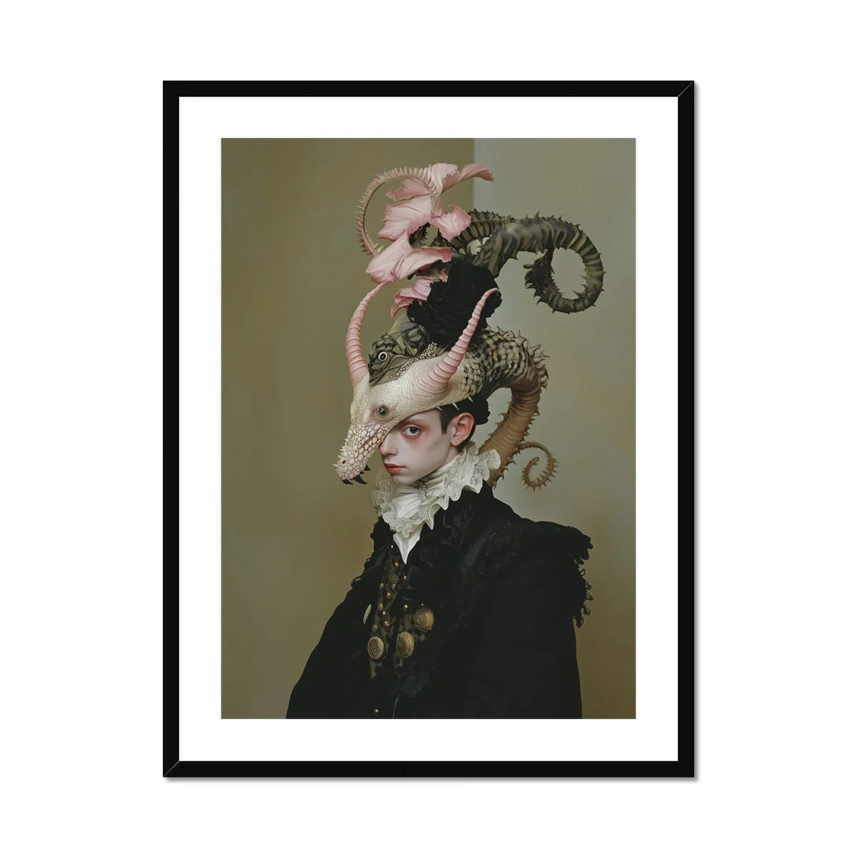 Cadmus - Gay Dragon Prince Art Print, Surreal Portrait Ornate Hat Horns Pink Flowers Atop