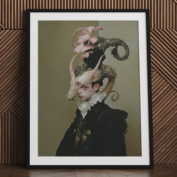 Cadmus - Gay Dragon Prince Art Print / Canvas Black Framed Portrait Ornate Multi-colored Headdress Ruffled Collar Gay Dragon Prince,