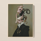 Cadmus - Gay Dragon Prince Framed Canvas, 12x16’’ / 31x41cm / Natural Floating Frame, Portrait Person Black Coat Elaborate Horned Headdress