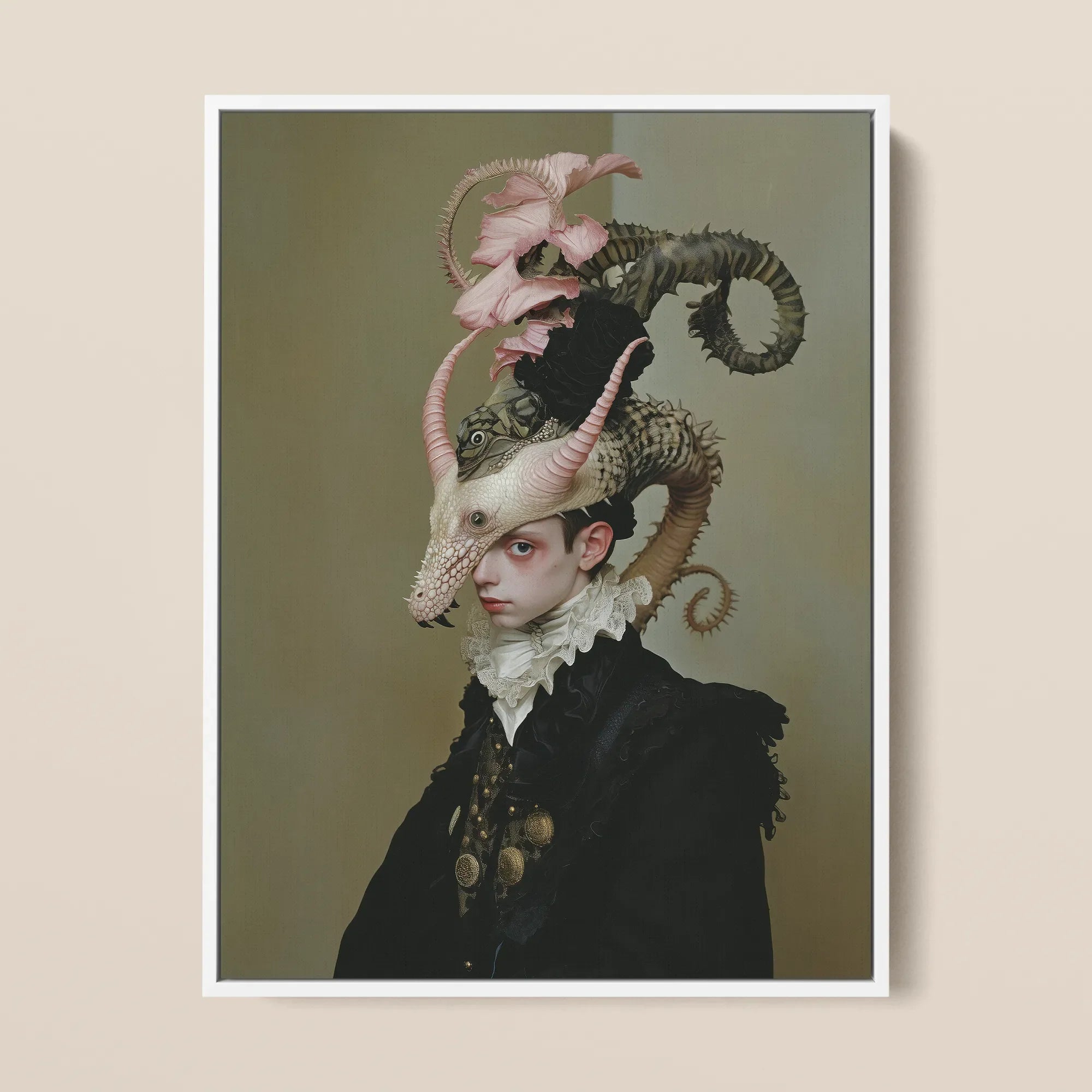 Cadmus - Gay Dragon Prince Framed Canvas, 12x16’’ / 31x41cm / White Floating Frame, Framed Portrait Person Elaborate Fantastical Headpiece