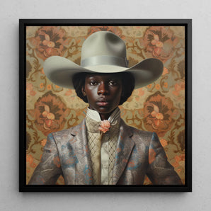 Caesar - Black Dandy Cowboy Framed Canvas, 12x12’’ / 31x31cm / Floating Frame, Portrait Person Wide-brimmed Cowboy Hat Floral-patterned