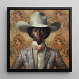 Caesar - Black Dandy Cowboy Framed Canvas, 12x12’’ / 31x31cm / Floating Frame, Portrait Person Wide-brimmed Cowboy Hat Floral-patterned