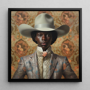 Caesar - Black Dandy Cowboy Framed Canvas, 12x12’’ / 31x31cm / Floating Frame, Portrait Person Wide-brimmed Cowboy Hat Floral-patterned