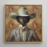 Caesar - Black Dandy Cowboy Framed Canvas, 12x12’’ / 31x31cm / Natural Floating Frame, Framed Painting Person Cowboy Hat Patterned Suit