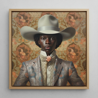 Caesar - Black Dandy Cowboy Framed Canvas, 12x12’’ / 31x31cm / Natural Floating Frame, Framed Painting Person Cowboy Hat Patterned Suit