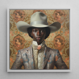 Caesar - Black Dandy Cowboy Framed Canvas, 12x12’’ / 31x31cm / White Floating Frame, Framed Portrait Person Cowboy Hat Suit