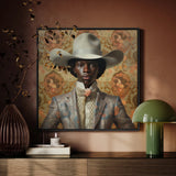 Caesar - Black Dandy Cowboy Framed Canvas, Portrait Person White Cowboy Hat Gray Suit Floral