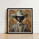 Framed Portrait Person Elegant Wide-brimmed Light Gray Cowboy Queer Black, Gay Rodeo, Dandy Outlaw