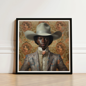 Framed Portrait Person Elegant Wide-brimmed Light Gray Cowboy Queer Black, Gay Rodeo, Dandy Outlaw