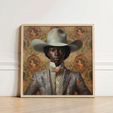 Framed Portrait Person Light Gray Cowboy Hat Ornate Queer Black, Gay Rodeo, Dandy Outlaw