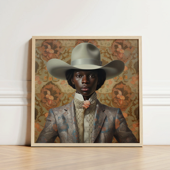 Framed Portrait Person Light Gray Cowboy Hat Ornate Queer Black, Gay Rodeo, Dandy Outlaw