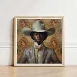 Framed Portrait Person Wide-brimmed Gray Hat Ornate Patterned Queer Black Cowboy, Gay Rodeo, Dandy Outlaw
