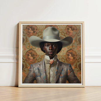 Framed Portrait Person Wide-brimmed Gray Hat Ornate Patterned Queer Black Cowboy, Gay Rodeo, Dandy Outlaw