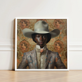 Framed Portrait Person Olive-green Cowboy Hat Patterned Gray Queer Black, Gay Rodeo, Dandy Outlaw