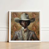 Framed Portrait Person Olive-green Wide-brimmed Hat Patterned Gray Queer Black Cowboy, Gay Rodeo, Dandy Outlaw