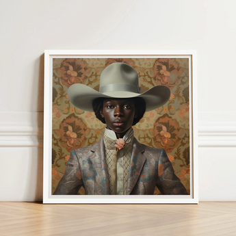 Framed Portrait Person Olive-green Wide-brimmed Hat Patterned Gray Queer Black Cowboy, Gay Rodeo, Dandy Outlaw