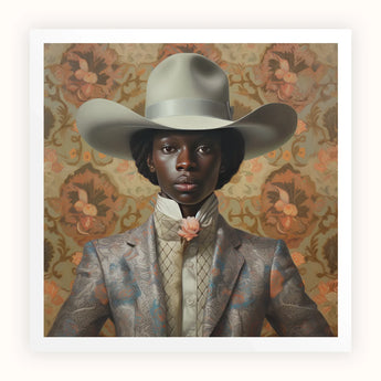 Caesar - Gay Black Dandy Cowboy Art Print / Canvas Framed Portrait Person Off-white Cowboy Hat Silver Band Queer Black Cowboy, Gay Rodeo,