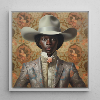 Caesar - Gay Black Dandy Cowboy Art Print / Canvas Framed Portrait Person Off-white Cowboy Hat Silver Band Queer Black Cowboy, Gay Rodeo,