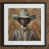 Caesar - Gay Black Dandy Cowboy Art Print / Canvas Cowboy Hat Silver Metallic Finish Patterned Fabric Queer Black Cowboy, Gay Rodeo, Rodeo