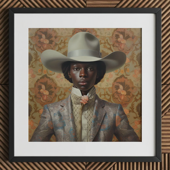 Caesar - Gay Black Dandy Cowboy Art Print / Canvas Cowboy Hat Silver Metallic Finish Patterned Fabric Queer Black Cowboy, Gay Rodeo, Rodeo
