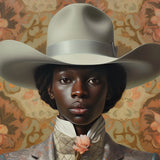 Caesar - Gay Black Dandy Cowboy Art Print / Canvas Cowboy Hat Wide Brim Floral Design Light Gray Queer Black Cowboy, Gay Rodeo, Rodeo Dandy
