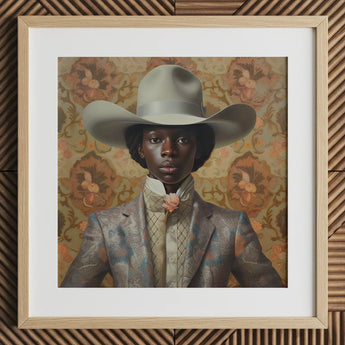 Caesar - Gay Black Dandy Cowboy Art Print / Canvas Cowboy Hat Wide Brim Patterned Fabric Light Gray Queer Black Cowboy, Gay Rodeo, Rodeo