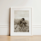 Cain - Wilhelm Von Gloeden Gay Photography Art Print / Canvas Minimalist White-framed Black-and-white Photographic Nude Figure Seated,