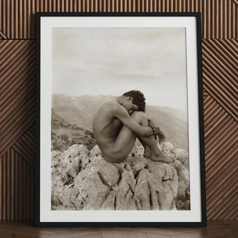 Cain - Wilhelm Von Gloeden Gay Photography Art Print / Canvas Black-framed White-matted Photographic Nude Man Curled Rocky, Prints