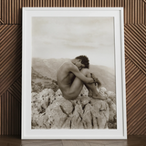 Cain - Wilhelm Von Gloeden Gay Photography Art Print / Canvas White-framed Black-and-white Photographic Nude Figure Seated Rocky, Prints
