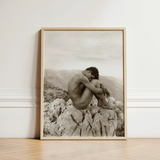 Cain - Wilhelm Von Gloeden Gay Photography Art Print / Canvas Minimalist Wooden-framed Black-and-white Photographic Nude Figure Seated,
