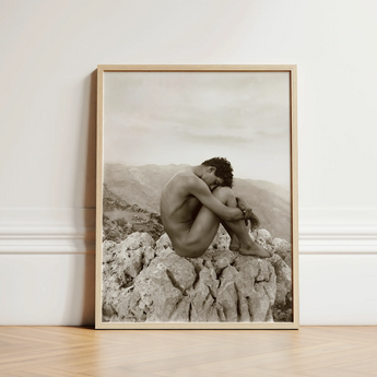 Cain - Wilhelm Von Gloeden Gay Photography Art Print / Canvas Minimalist Wooden-framed Black-and-white Photographic Nude Figure Seated,