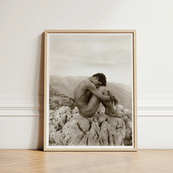 Cain - Wilhelm Von Gloeden Gay Photography Art Print / Canvas Sepia-toned Framed Photograph Nude Man Contemplatively Rocky Terrain, Prints