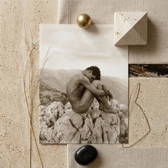 Cain - Wilhelm Von Gloeden Gay Photography Art Print / Canvas Black-and-white Photographic Nude Figure Curled Rocky Terrain, Prints