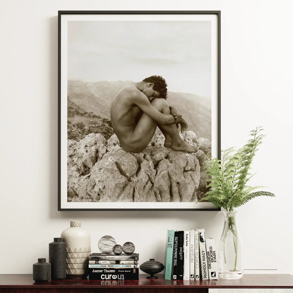 Framed nude male figure on rocky peak inspired by William Etty or John Singer Sargent