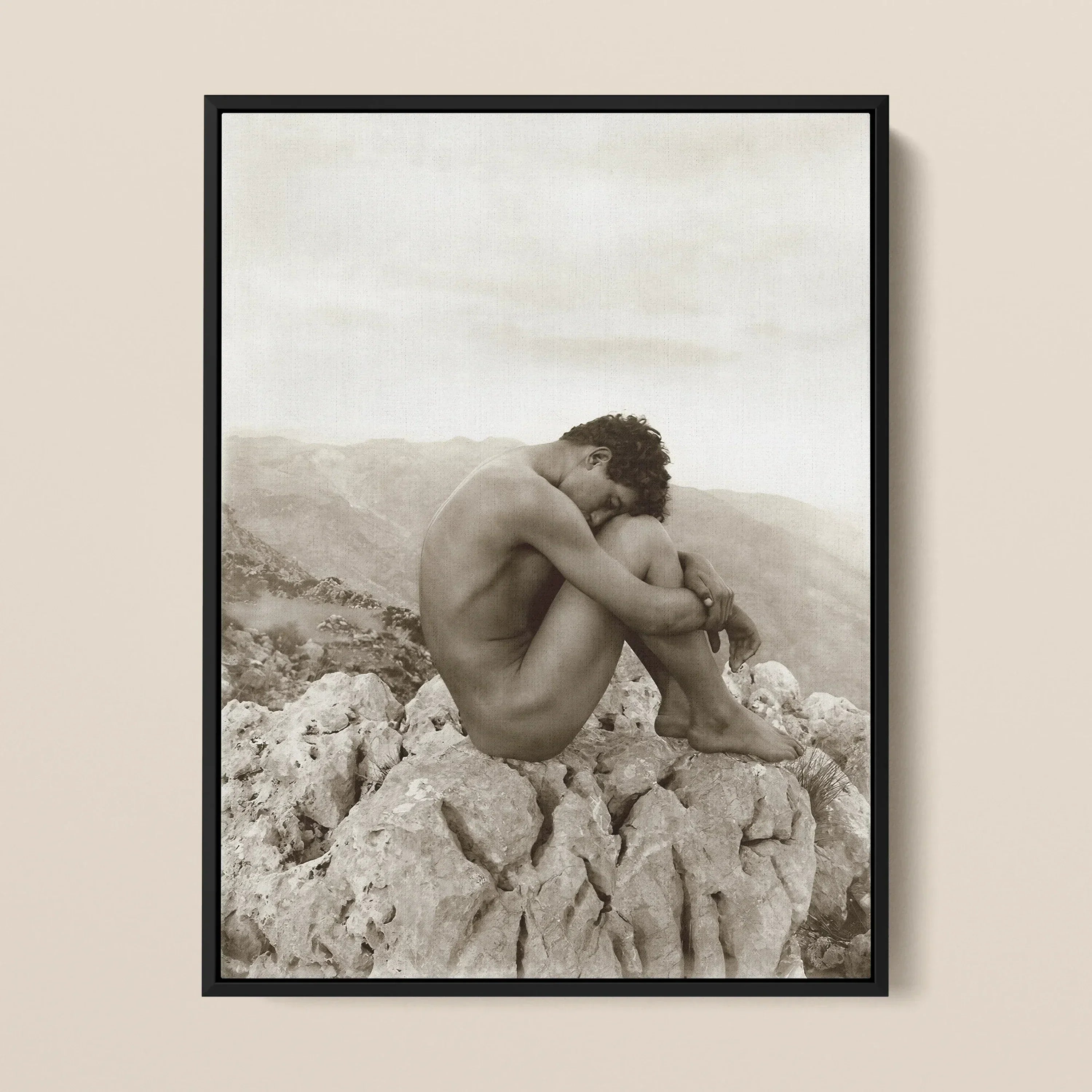 Cain Wilhelm Von Gloeden Nude Art Framed Canvas, 18x24’’ / 46x61cm / Black Floating Frame, Black White Photograph Nude Person Rocky Terrain
