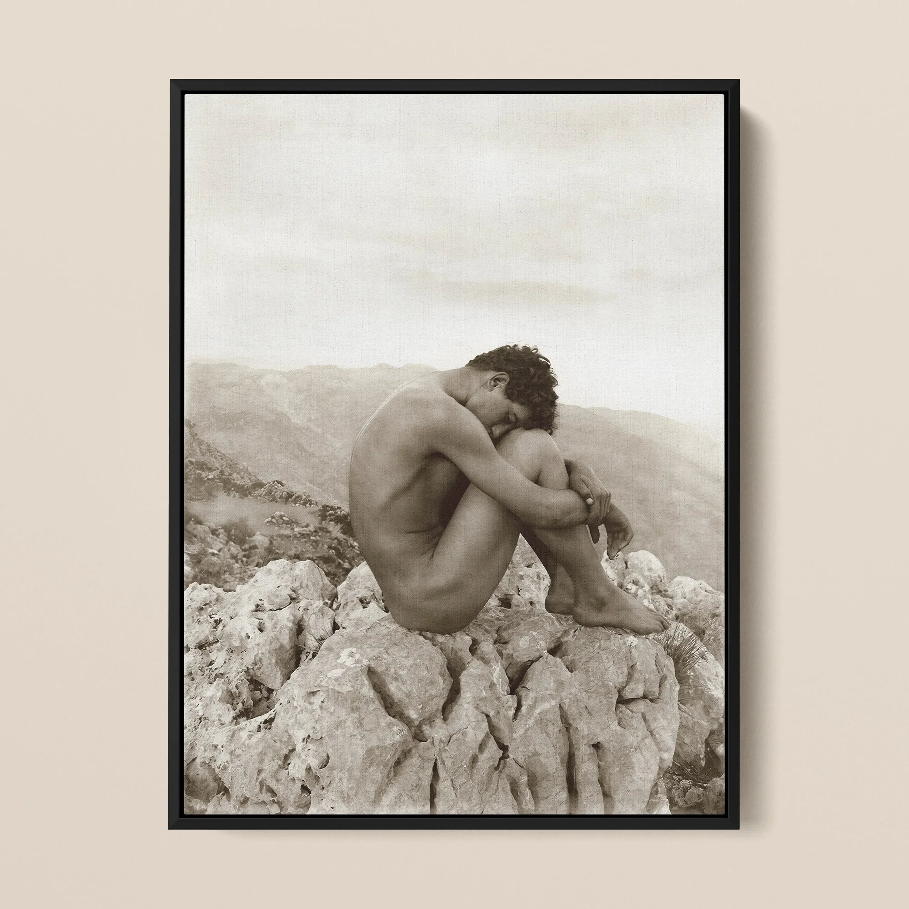 Cain - Wilhelm Von Gloeden Nude Art Framed Canvas, 18’’x24’’, Black White Photograph Nude Person Rocky Terrain Curled-up