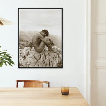 Cain - Wilhelm Von Gloeden Nude Art Framed Canvas, Black-framed Sepia Photograph Nude Figure Contemplatively Rocky Mountain