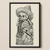 Calavera of Francisco Madero - Jose Guadalupe Posada Art Print / Canvas Black-framed Artwork Detailed Ink Skeleton Sombrero Striped Poncho