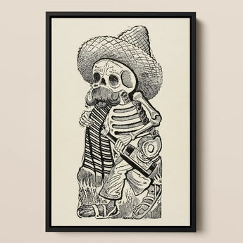 Calavera of Francisco Madero - Jose Guadalupe Posada Art Print / Canvas Black-framed Artwork Detailed Ink Skeleton Sombrero Striped Poncho