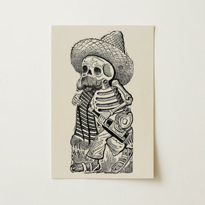 Calavera of Francisco Madero - Jose Guadalupe Posada Art Print / Canvas Black Ink Illustration Skeleton Sombrero Bottle Printed Off-white