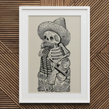 Calavera of Francisco Madero - Jose Guadalupe Posada Art Print / Canvas Framed Black White Illustration Skeleton Sombrero Guitar Jose