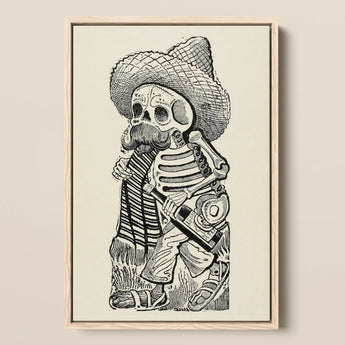 Calavera of Francisco Madero - Jose Guadalupe Posada Framed Canvas, 12x18’’ / 31x46cm / Natural Floating Frame, Black White Print Skeleton